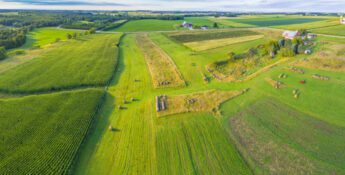 Aerial view of a rural landscape with green fields, scattered hay bales, farm buildings, and a forested area on the left side—reflecting the precision found in ccreditation by the ANSI National Accreditation Board (ANAB) to ISO/IEC 17021‑1.