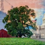 A composite image showing a rural farm with silos and a barn merging into the U.S. Capitol building with an American flag in the background.
