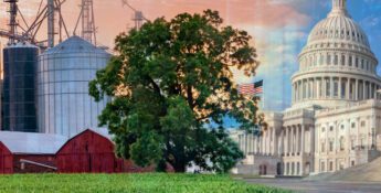 A composite image showing a rural farm with silos and a barn merging into the U.S. Capitol building with an American flag in the background.