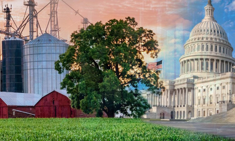 A composite image showing a rural farm with silos and a barn merging into the U.S. Capitol building with an American flag in the background.
