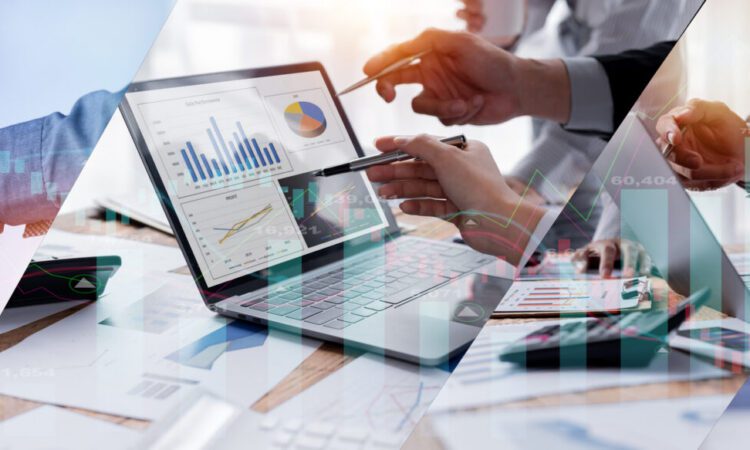 Three-panel image showing a handshake, people discussing financial charts on a laptop, and hands pointing at documents and charts in a business meeting setting.