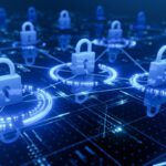 Digital illustration of padlocks connected by glowing blue lines on a circuit board, representing cybersecurity and secure network connections.