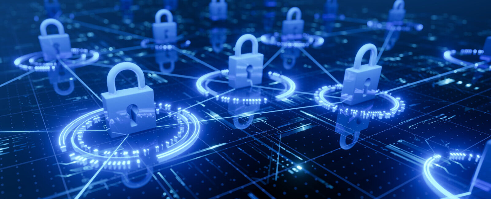 Digital illustration of padlocks connected by glowing blue lines on a circuit board, representing cybersecurity and secure network connections.