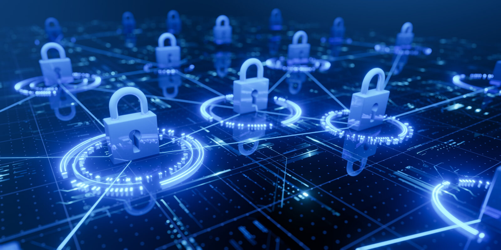 Digital illustration of padlocks connected by glowing blue lines on a circuit board, representing cybersecurity and secure network connections.