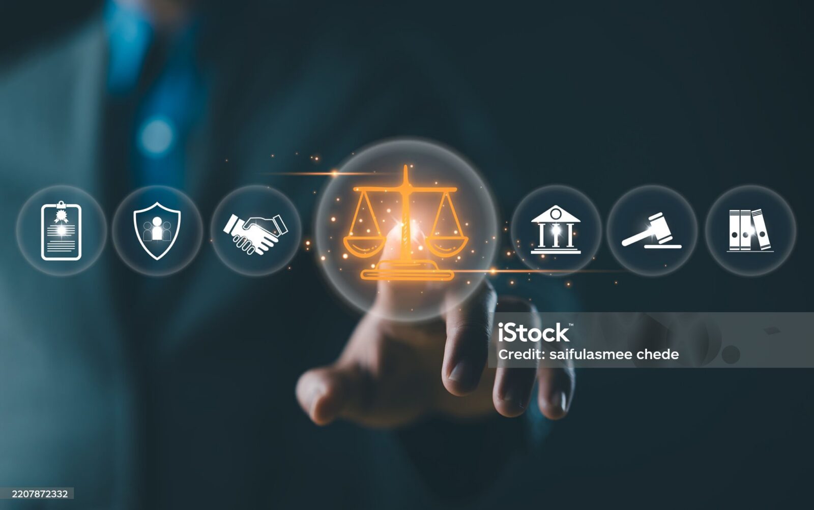 A person points at a glowing justice scale icon on a virtual screen, surrounded by symbols of legal, security, and document concepts.
