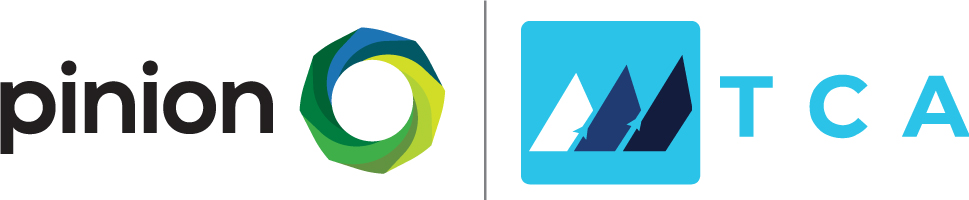 Opinion and TCA logos side by side, separated by a vertical line; Opinion logo features a green and blue circular design, TCA logo shows three stylized trees on a blue square background.