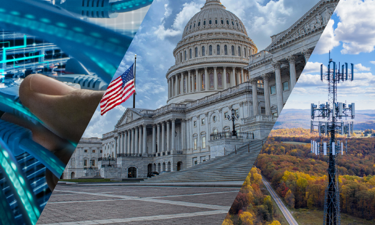Collage showing network cables, the U.S. Capitol building, and a cell tower in a rural landscape under a partly cloudy sky.