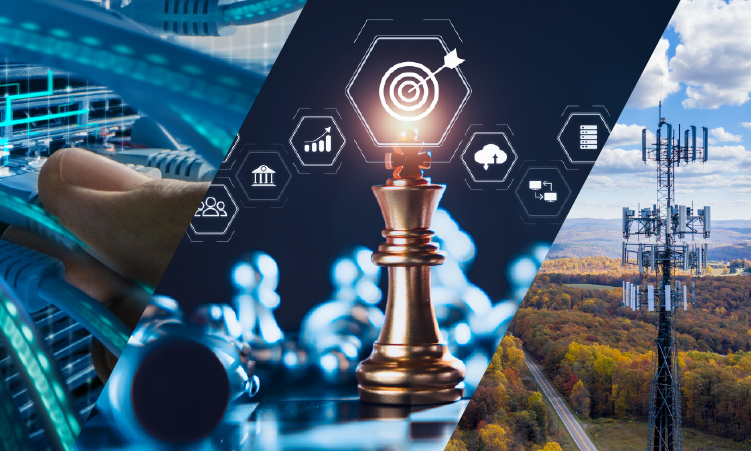 Collage showing network cables, a chess king with digital icons, and a cell tower in a rural landscape, representing technology and communication industries.
