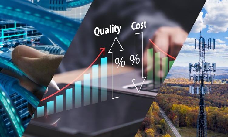 Hands connecting network cables, a graph showing rising quality and falling cost percentages, and a cell tower in a rural area, illustrating improvements in telecommunication infrastructure.
