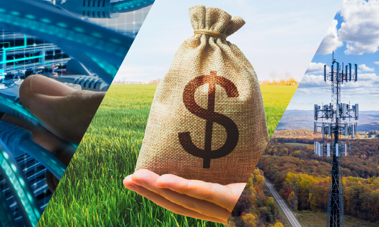 A montage showing network cables, a hand holding a money bag with a dollar sign, and a cell tower in a rural landscape.