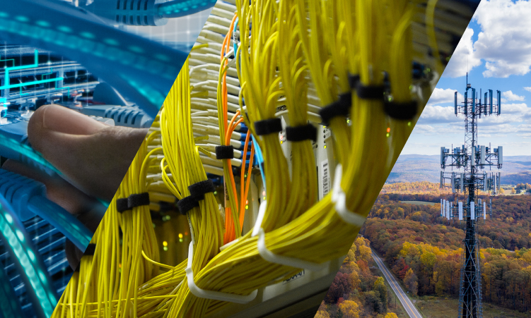 Close-up of blue network cables, yellow fiber optic cables, and a cell tower in a rural landscape, representing communication infrastructure.