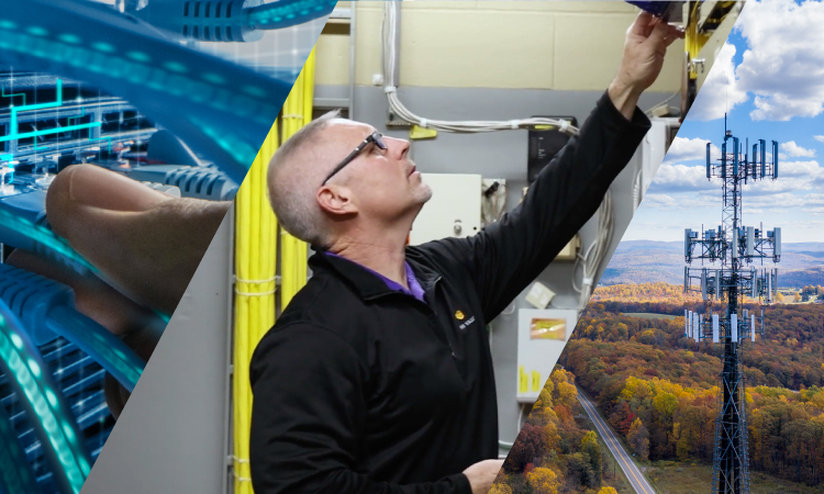 Three scenes: close-up of blue network cables, a technician working on equipment indoors, and a cell tower in a rural landscape.
