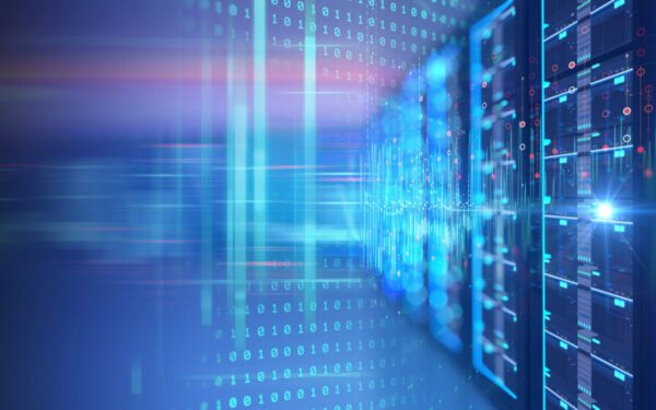 A digital rendering of data servers in a server room with binary code and blue light effects, representing data processing and technology infrastructure.