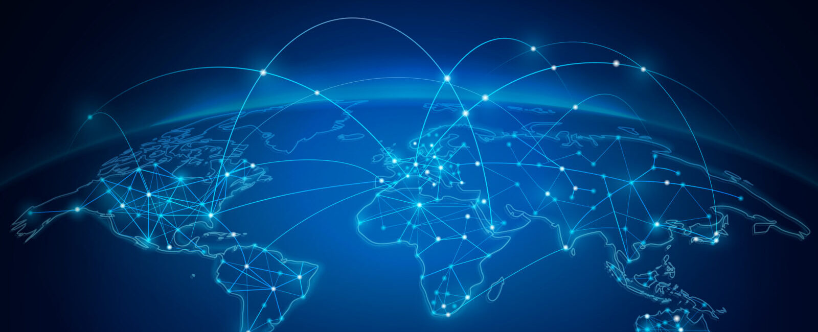 Digital illustration of a world map with glowing lines and nodes, symbolizing Pinion Global Network’s expanding global footprint with IFAC Ireland and representing international communication and connectivity.