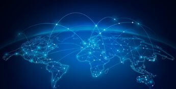 Digital illustration of a world map with glowing lines and nodes, symbolizing Pinion Global Network’s expanding global footprint with IFAC Ireland and representing international communication and connectivity.