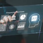 A person selects options on a virtual screen displaying financial services icons, including banking, charts, documents, currency, and an AI symbol—reflecting how community banks can safely and practically incorporate AI into their digital offerings.