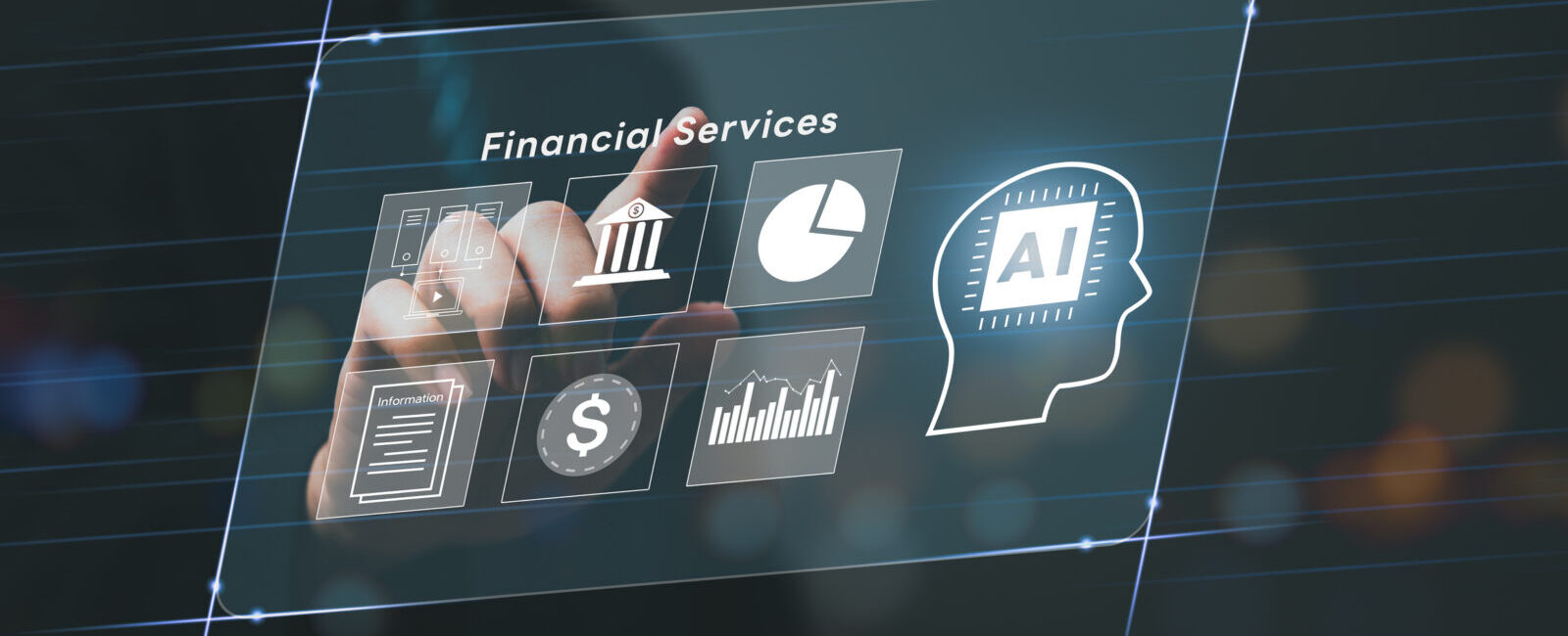 A person selects options on a virtual screen displaying financial services icons, including banking, charts, documents, currency, and an AI symbol—reflecting how community banks can safely and practically incorporate AI into their digital offerings.
