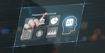 A person selects options on a virtual screen displaying financial services icons, including banking, charts, documents, currency, and an AI symbol—reflecting how community banks can safely and practically incorporate AI into their digital offerings.