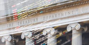 Columns of the US Treasury Department building with overlaid computer code, symbolizing the intersection of finance and technology.