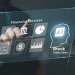 A person interacts with a virtual interface displaying financial services icons, including graphs, a dollar sign, and an AI symbol.