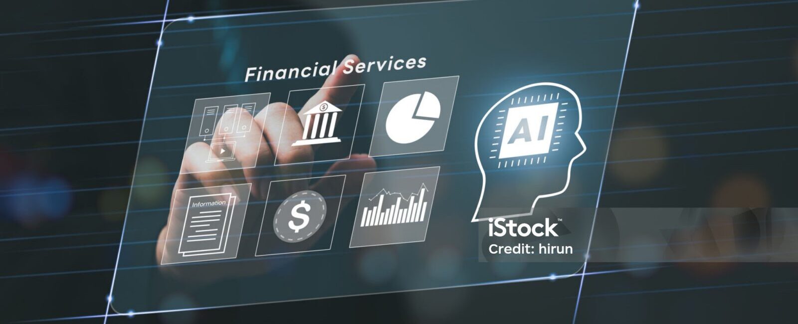 A person interacts with a virtual interface displaying financial services icons, including graphs, a dollar sign, and an AI symbol.