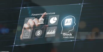 A person interacts with a virtual interface displaying financial services icons, including graphs, a dollar sign, and an AI symbol.