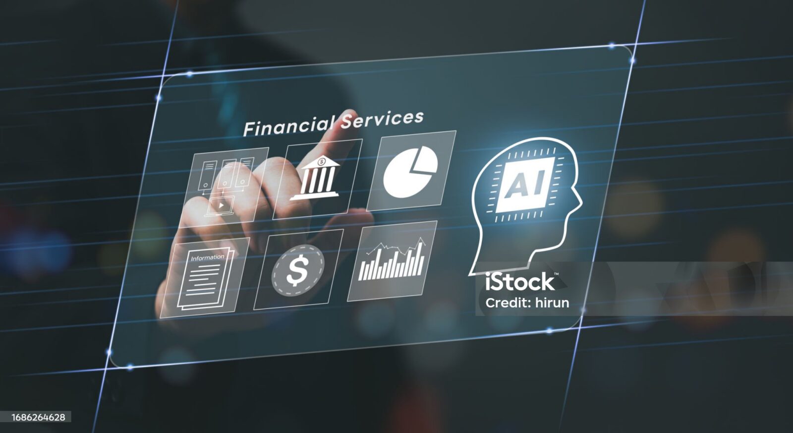 A person interacts with a virtual interface displaying financial services icons, including graphs, a dollar sign, and an AI symbol.