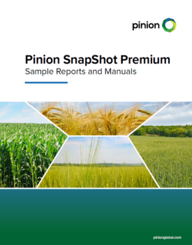 Cover page titled "Pinion SnapShot Premium Sample Reports and Manuals," featuring crop images and the Pinion logo, highlighting the exclusive features of SnapShot Premium.