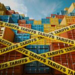 Stacks of colorful shipping containers are blocked by yellow tape labeled “TARIFFS,” symbolizing trade barriers. Blue sky and scattered clouds are visible above the containers.