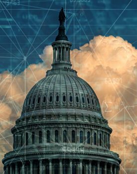 The United States Capitol dome silhouetted against a cloudy sky, overlaid with a digital network graphic and mathematical formulas representing political intelligence.
