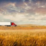 A red semi-truck pulling a white trailer drives along a road through a golden wheat field under a cloudy sunset sky.